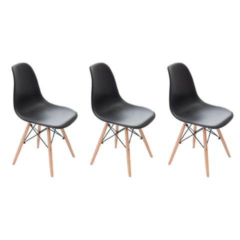 KIT 3 CADEIRAS CHARLES EAMES EIFFEL BASE MADEIRA SALA DE JANTAR COZINHA  PRETO