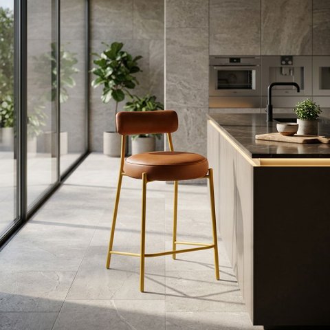 Banqueta Cozinha Média com Encosto Industrial Dourado Londres PU D03 - D'Rossi