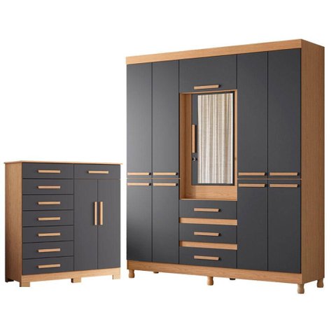 Guarda Roupa Casal New Fusion 10 Portas e Cômoda Verona Freijo Titanium - Móveis Albatroz