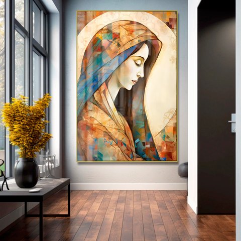 Quadro Decorativo Virgem Maria Abstrato em Moldura Caixa Tacolado Moldura Trad 1cm Madeira Escura Se