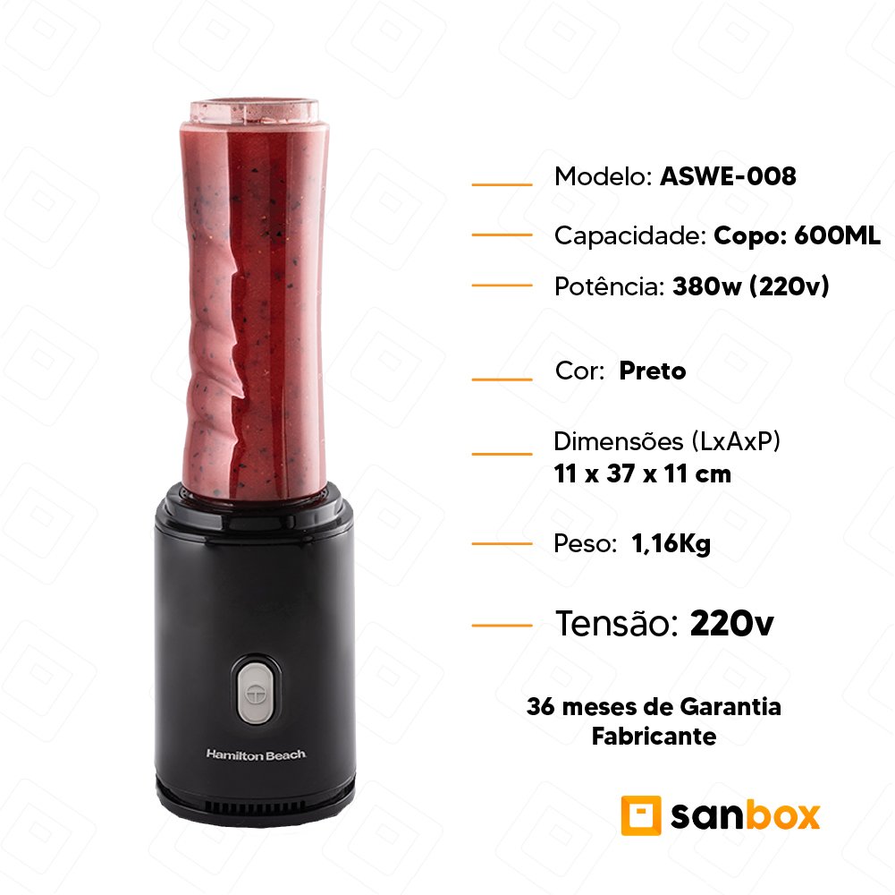 Liquidificador Individual Aswe-008 Hamilton Beach 600 Ml - Preto - 220v - 8