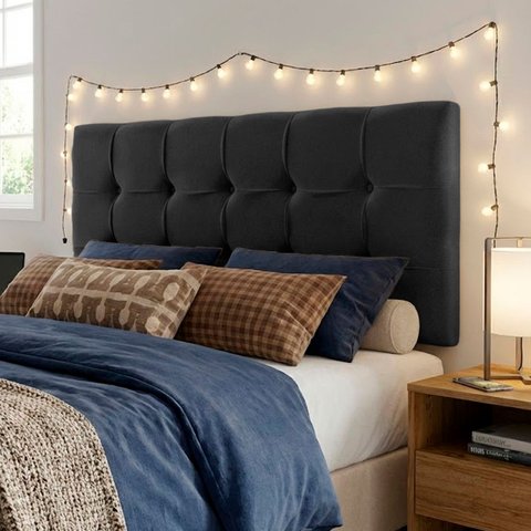 Cabeceira Painel Estofada Grecia Suede Preto Casal 1,40m para Cama Box