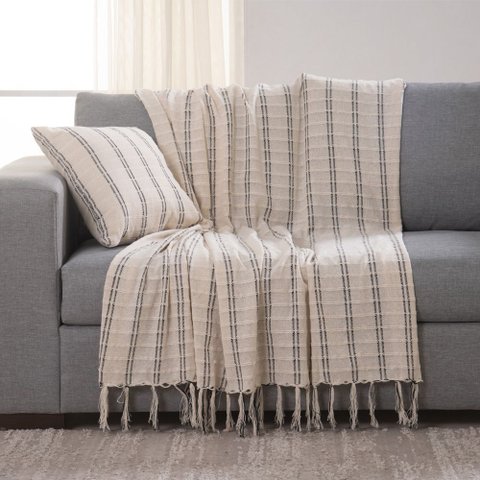 Manta Decorativa para Sofá Italiana Off White Listrada Preto Algodão