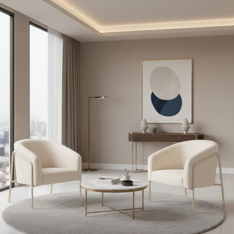 Poltrona Sala Decorativa Kit 2 Stella Base Alta Tubo Champanhe Veludo Cotelê D03 - D’Rossi