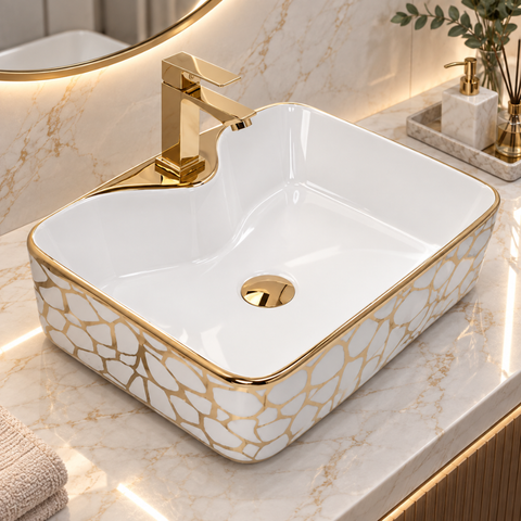 Cuba Pia Louça Cerâmica Apoio Banheiro 49x38cm Luxo Gold