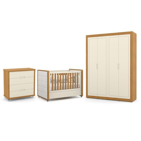 Dormitório Tutto New 4 Portas, Cômoda 4 Gavetas e Berço Off White/freijó com Capitonê - Matic M
