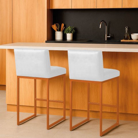 Banqueta Cozinha Alta com Encosto Industrial Kit 2 Bronze Lirina Pu Branco C05 - D’Rossi