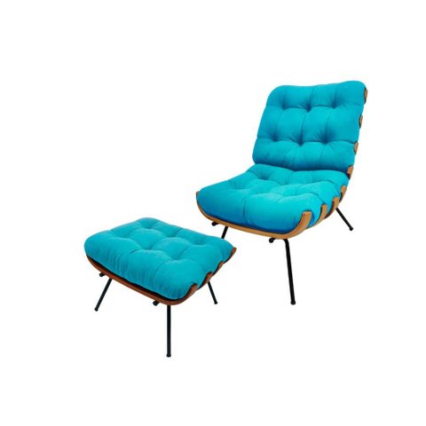 Kit Poltrona e Puff Costela Suede Azul Turquesa