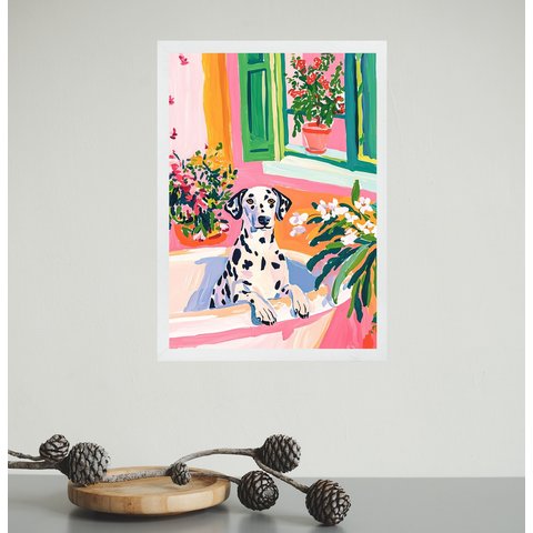 Quadro Decorativo Banheiro Dalmata Flores 45x34cm - com Vidro:moldura Branca