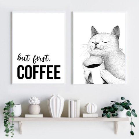 Kit 2 Quadros Café Gato - But First Coffee 60x48cm:madeira Preta