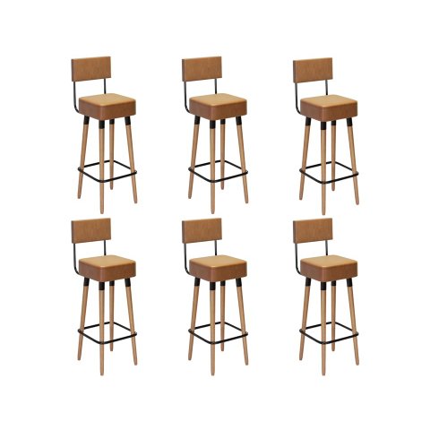 Kit 6 Banquetas Banco Alto Barcelona Couro Amarula Bar Cozinha Pés Madeira Mz Decor