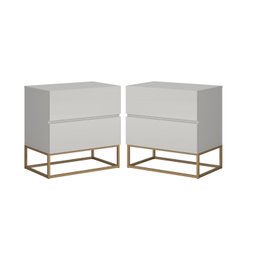 Kit 2 Mesas Cabeceira 45cm Eros 2 Gavetas Off White C/ Corrediças Telescopicas Pés de Ferro Dourado - 2