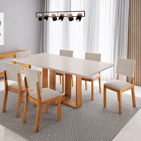 Conjunto de Mesa de Jantar 6 Lugares com Tampo de Vidro Jady Mel Off White
