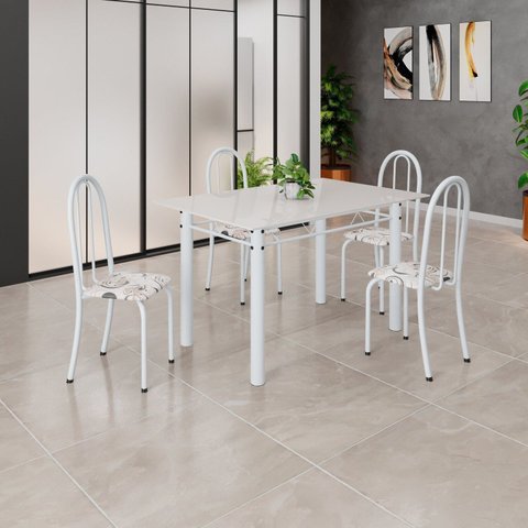 Conjunto de Mesa Tubular 120cm x 75cm Tampo em Vidro com 4 Cadeiras Iris B Branco Off White/Branco