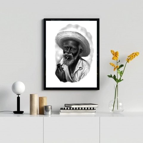 Quadro Preto Velho- Desenho Preto e Branco 45x34cm - com Vidro:madeira Preta