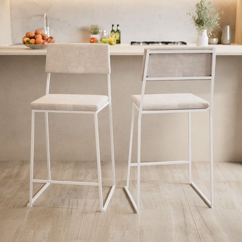 Kit 2 Banquetas Alta Balcão Estofada com Encosto Branco Suede Dubai