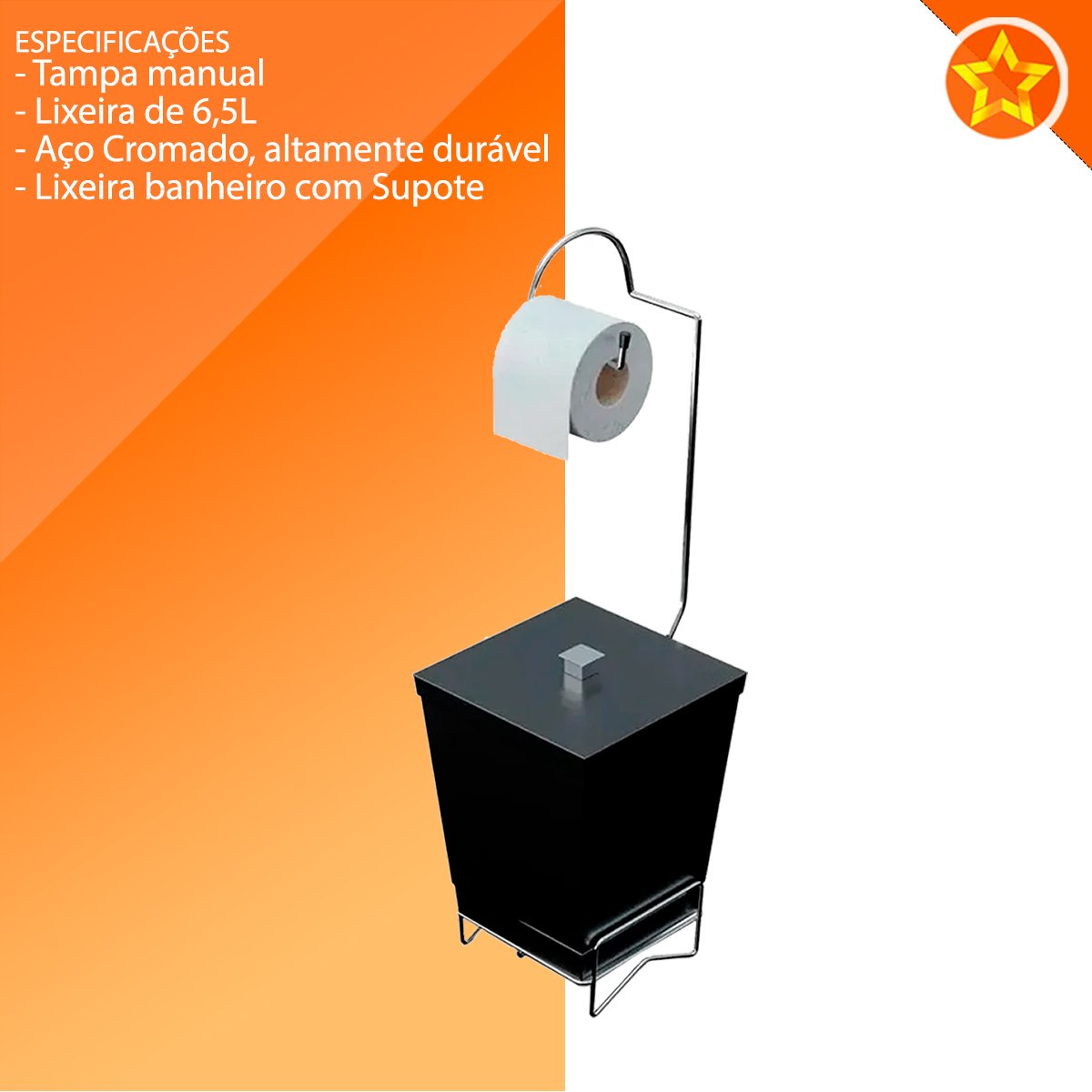 Suporte para Papel Higiênico com Lixeira de Chão Banheiro Preto - 3