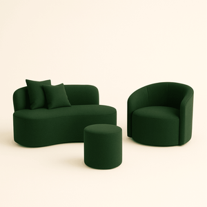 Conjunto 01 Poltrona + Sofá e 1 Puff Curvo Orgânico Nature Gaia Sued Verde - Montanaris Decor