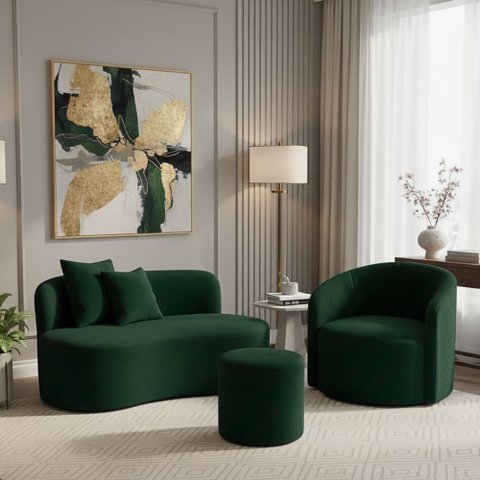 Conjunto 01 Poltrona + Sofá  e 1 Puff Curvo Orgânico Nature Gaia Sued Verde - Montanaris Decor