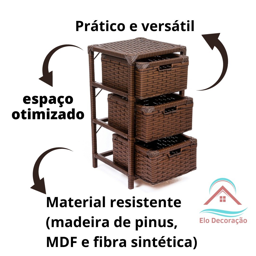 Gaveteiro Fibra Sintética 3 Gavetas 30x30x57 Marrom Indiano - 3