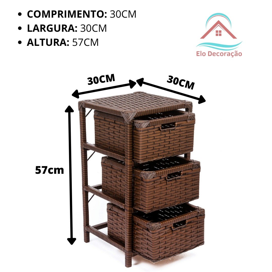 Gaveteiro Fibra Sintética 3 Gavetas 30x30x57 Marrom Indiano - 5