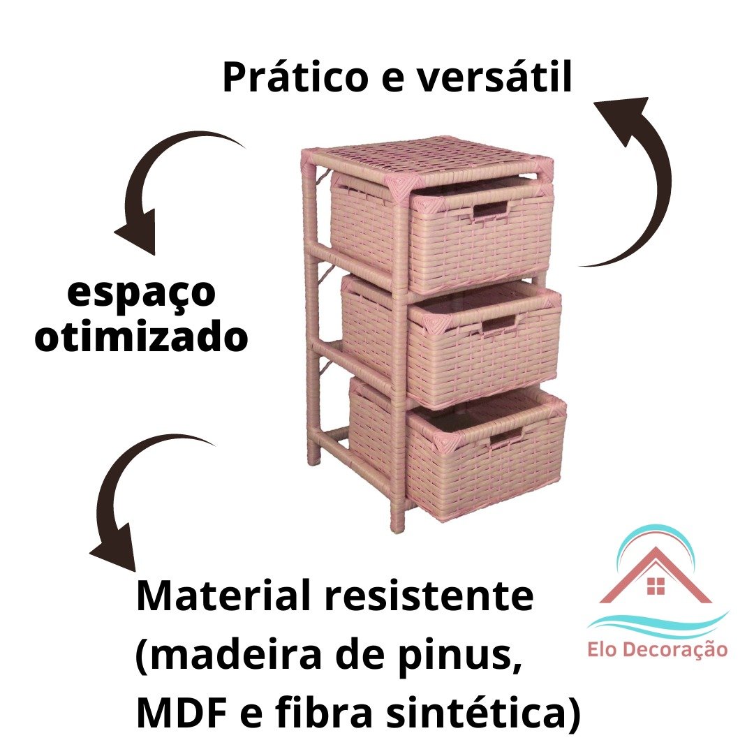 Gaveteiro Fibra Sintética 3 Gavetas 30x30x57 Rosa - 3