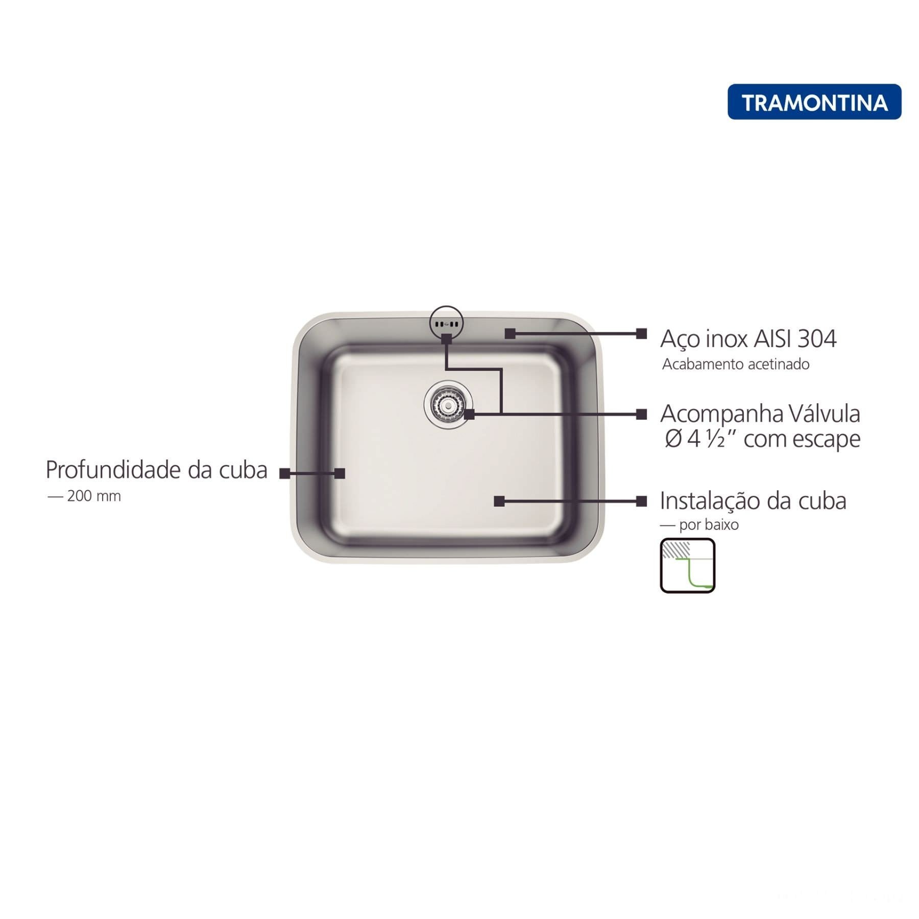 Cuba de Embutir Tramontina Dora 50 Bl R6 em Aço Inox Acetinado com Válvula e Escape 50x40 Cm Tramont - 3