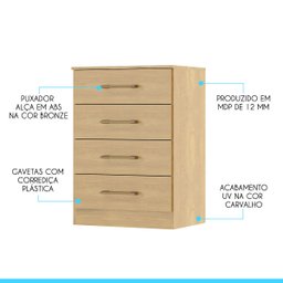 Cômoda Pequena 4 Gavetas 55x93cm Mdp Carvalho 2007 Menu - 4