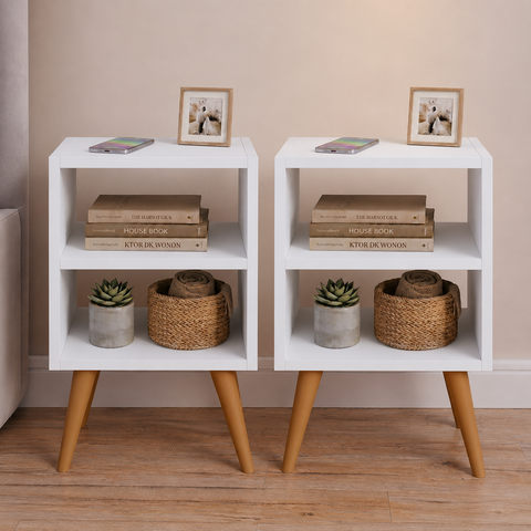 Kit Mesa de Cabeceira com 2 Nichos e Pés Palito Estilo Escandinavo para Quarto Moderno