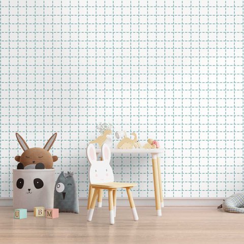 Papel de Parede Infantil - Quadriculado Traços Azul Arte Destaque 3,50 Metros