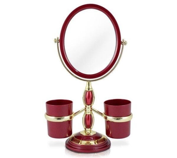 Espelho de Mesa Duplo com Aumento 5x e Suportes Laterais - Vermelho
