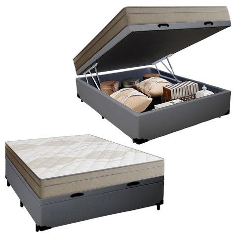 Cama Box Baú Casal Sintético + Colchão de Molas Ensacadas Portobel Ipanema - 138x188x66cm Cor:cinza
