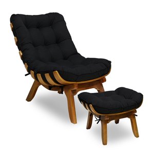 Kit Poltrona + Puff Costela Decoração Descanso Suede Preto