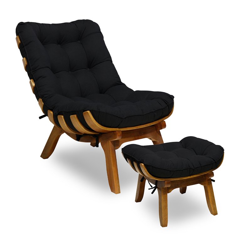 Kit Poltrona + Puff Costela Decoração Descanso Suede Preto