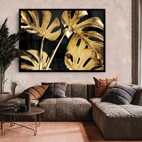 Quadro Decorativo Caixa Floral Folhagem Dourada Tacolado Moldura Caixa 3cm Madeira com Vidro 80 X 12