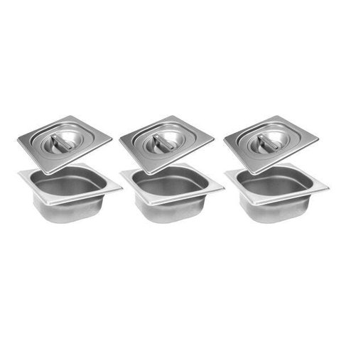 Conj 3 Cuba Gastronômica Inox GN 1/6x65 mm 1,0 L sem alça COM TAMPA INOX
