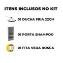 Ver imagem 2 de Chuveiro Ducha Fria Redondo 22cm Cromado + Suporte de Canto Porta Shampoo Cinza + Veda Rosca