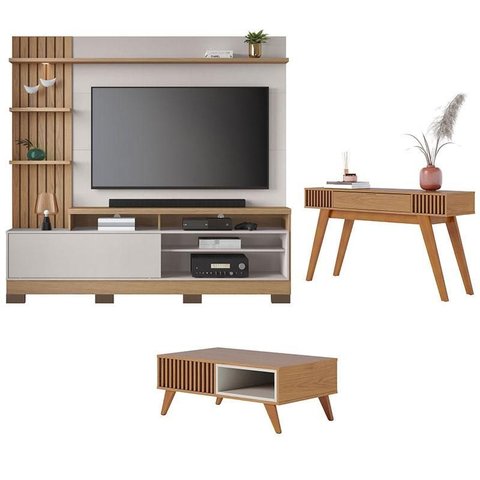 Estante Home Theater Maceió com Pés com Mesa de Centro Jeri Freijó Off White e Aparador Riviera Frei