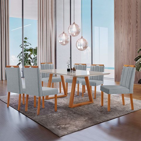 Conjunto Sala de Jantar Mesa Viena Madeira Maciça 160x90cm Tampo Retângular Vidro Off White com 6 Ca