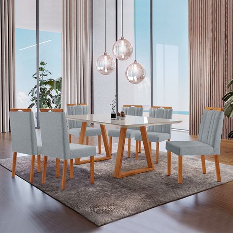 Conjunto Sala de Jantar Mesa Viena Madeira Maciça 160x90cm Tampo Retângular Vidro Off White com 6 Ca
