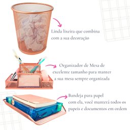 Kit Escritório Lixeira, Organizador de Mesa, Bandeja Organizadora Rose Gold - 3