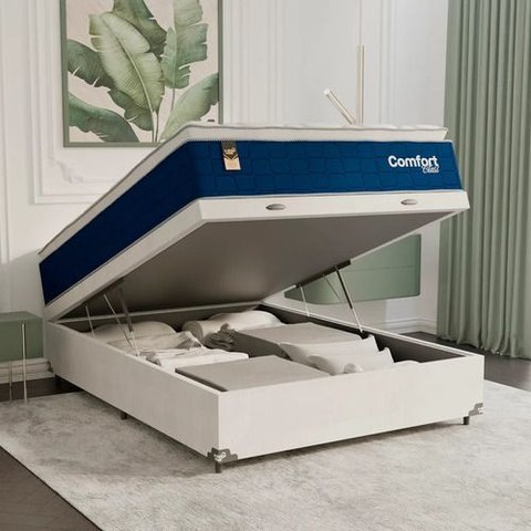 Cama Box Baú Viúva + Colchão Comfort Class Pillow Top Azul/suede Branco