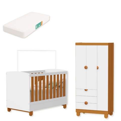 Quarto de Bebe Berço Americano + Guarda Roupa Infantil 3P 3g Apolo com Colchão Branco Savana