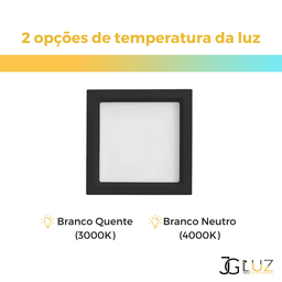 Painel Plafon Embutir Quadrado Recuado Led 12w Bco/ Pto Opus - Preto - Bco Quente 3000k - 3