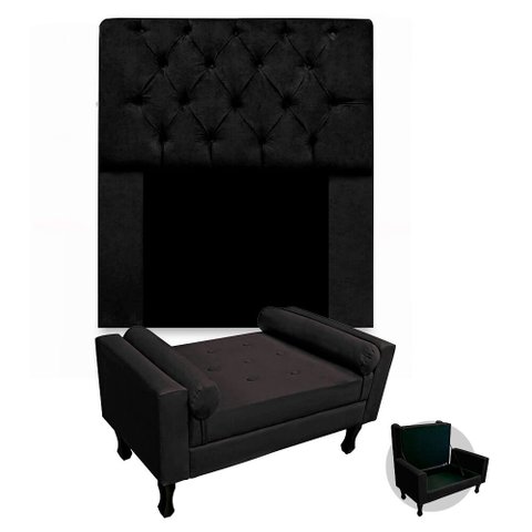 Kit Cabeceira Mirage + Calçadeira Baú Felix Solteiro 90cm Suede - Ecotec Decor:Preto