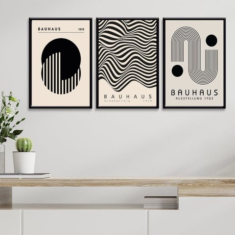 Kit 3 Quadros Arte Bauhaus - Preto e Branco 24x18cm - com Vidro:madeira Preta