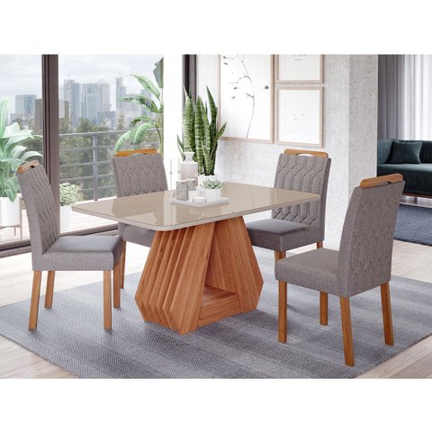 Conjunto de Mesa de Jantar Tampo de Vidro Off White Agata e 4 Cadeiras Paola Madeira Linho Grafite e