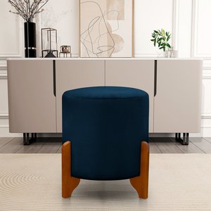 Puff Redondo em Veludo com Pés em Madeira Maciça Decorativo Sala Quarto - Azul