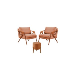 Conj. 2 Mona com 1 Puff Madeira Maciça Linho:terracota