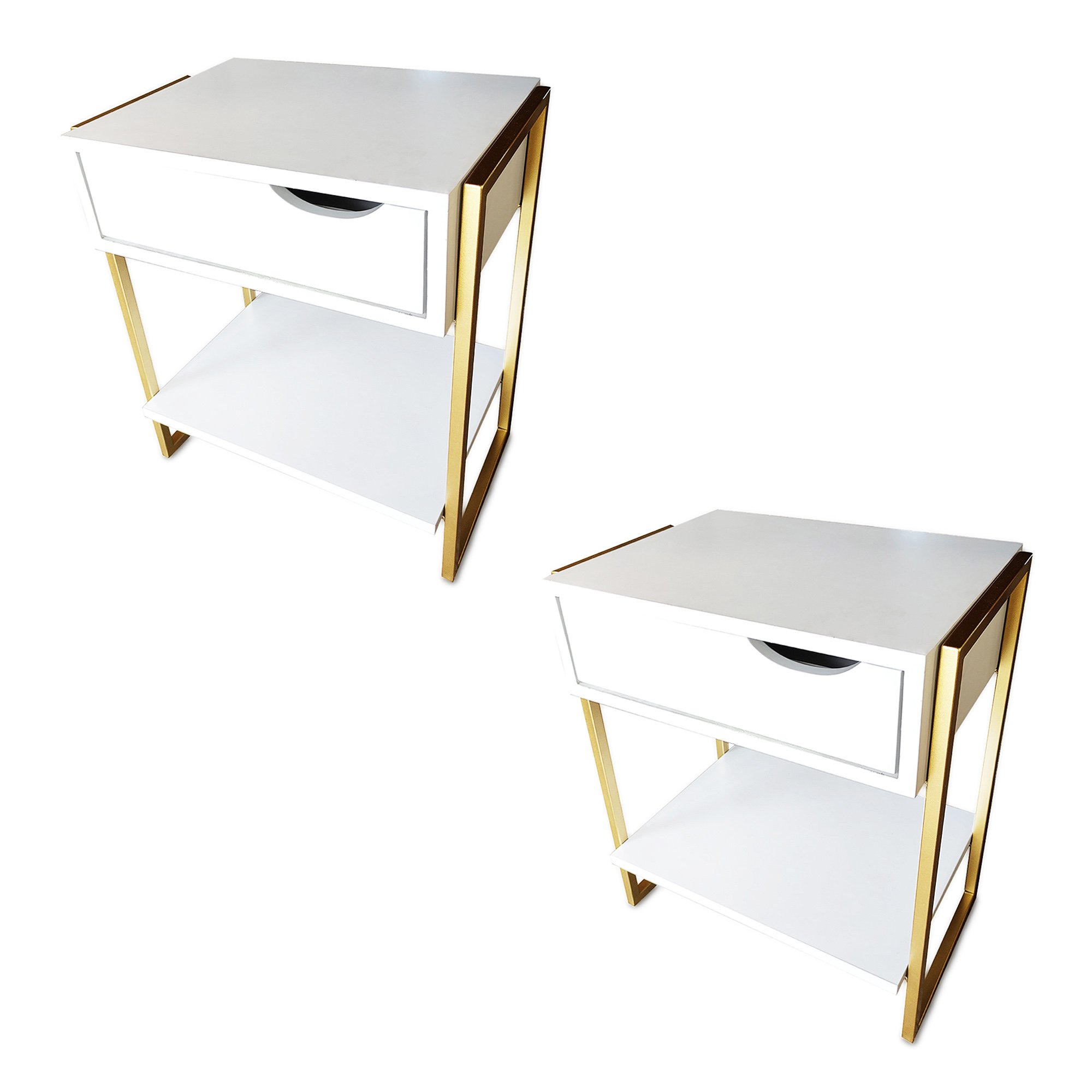 Conjunto Mesa de Cabeceira Branco/dourado Apoio Lateral Cama Quarto 2und. Mdf